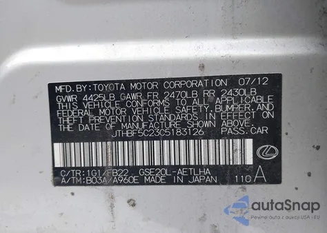 2012 Lexus Is 250 from USA, damaged, VIN JTHBF5C23C5183126